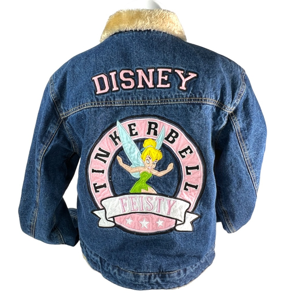 Disney Tinkerbell Denim Jean Jacket Faux Fur Lined Women's Embroidered MED VTG